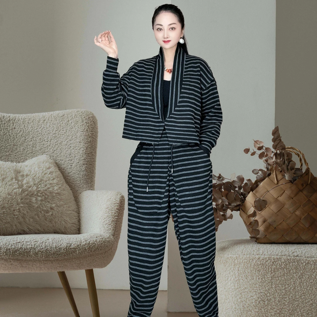 时尚宽松上衣长袖家居服百搭时尚套装套装开衫休闲长裤妈妈装女装