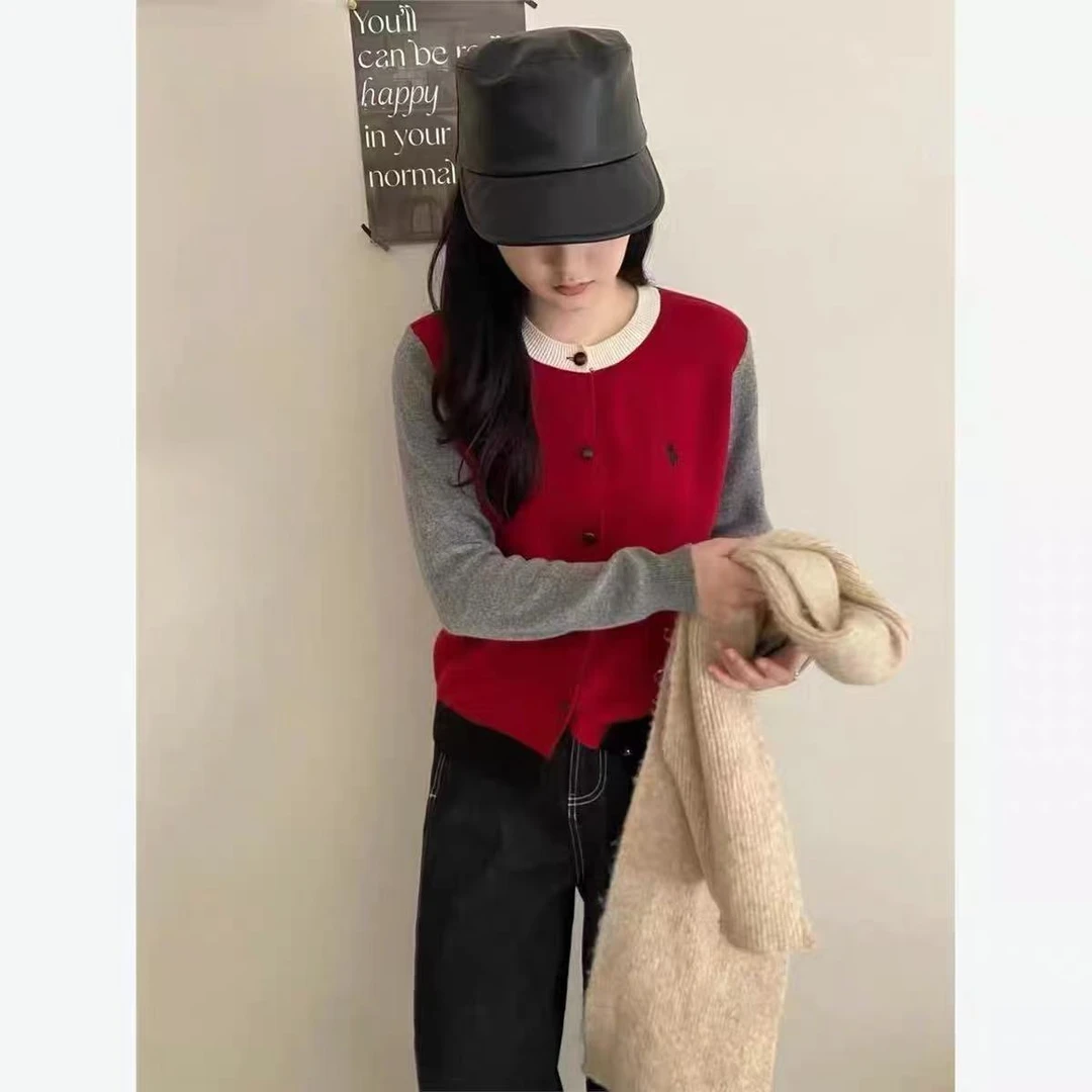 【芊荨精选】2025新款时尚百搭拼色圆领刺绣单排扣针织开衫S596#