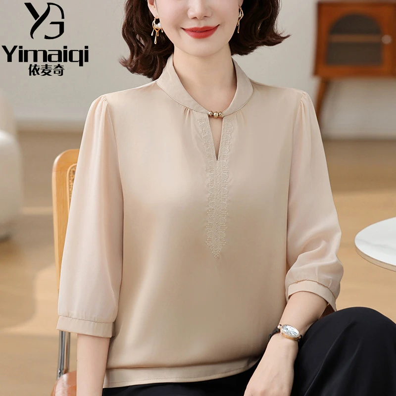 清新妈妈夏装气质立领七分袖衬衣中老年春夏装洋气减龄纯色T恤衫