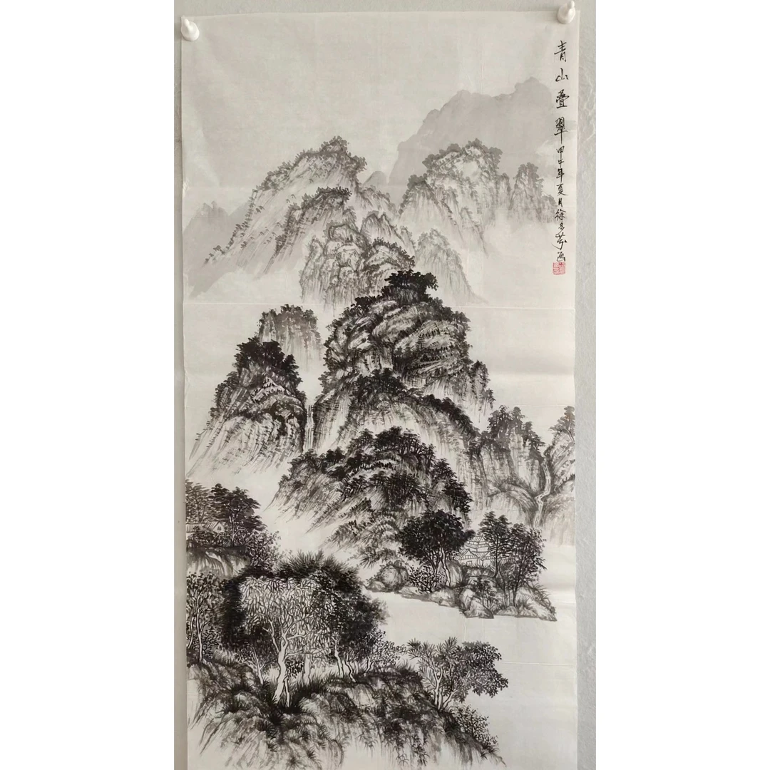 1977  纯手绘老字画《青山叠翠》中堂  尺寸 137×68