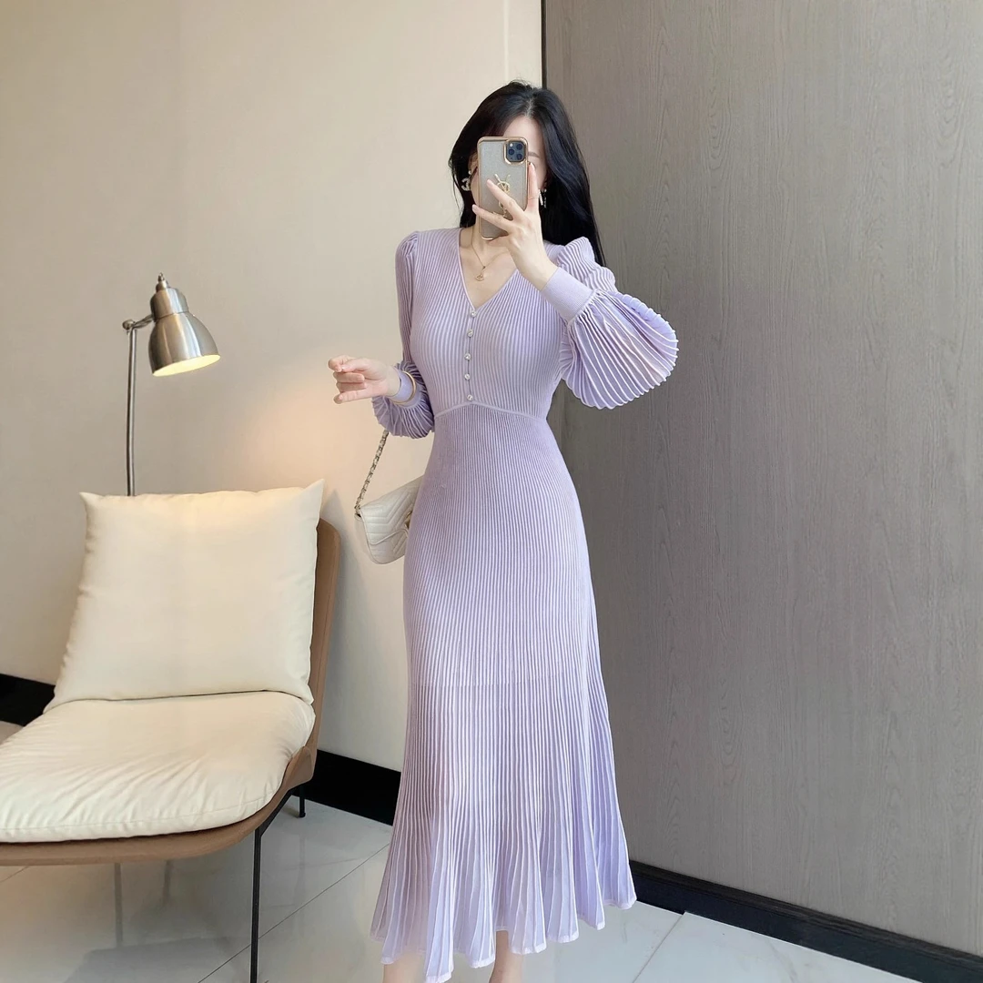 南油高端品质名媛风羊毛针织领长袖鱼尾修身连衣裙气质显瘦裙子