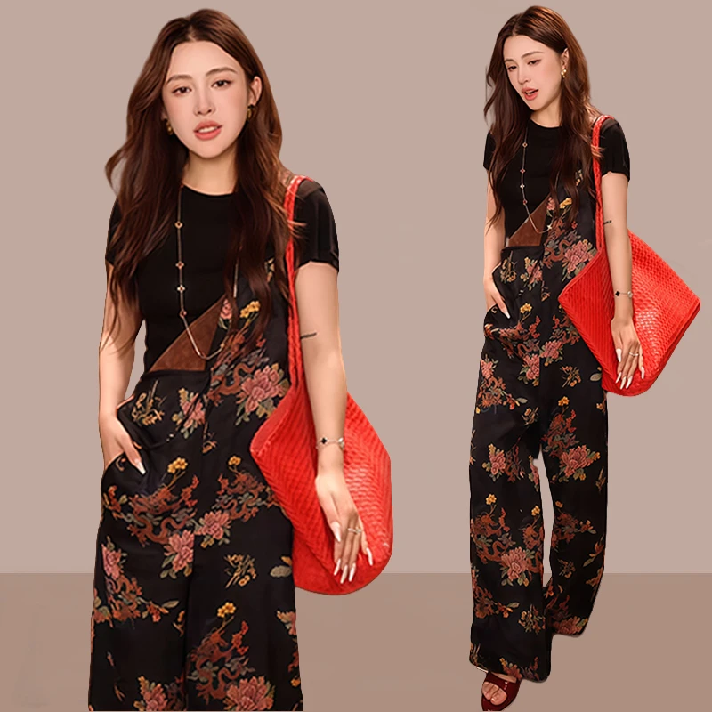 时尚复古中式套装女2025年夏季新款减龄短袖上衣背带阔腿裤两件套