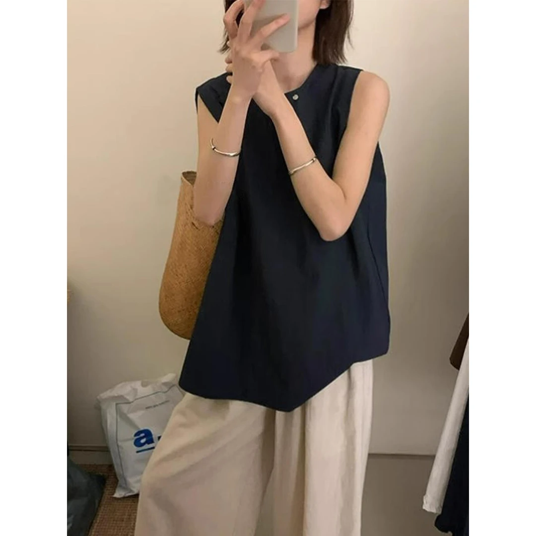 藏青色镂空露背无袖背心女夏外穿宽松高级感独特别致遮副乳上衣