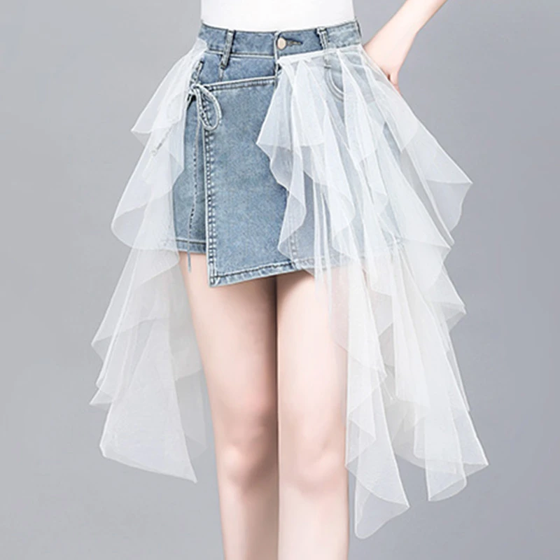牛仔拼接高腰百褶短裙裤白色不规则设计感网纱裙A字洋气半身裙女