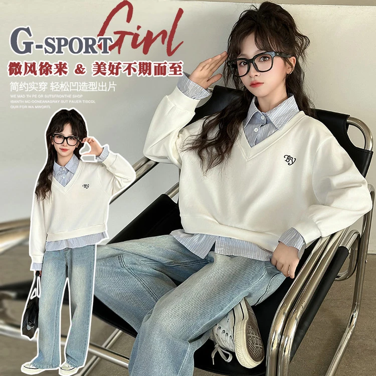 女童卫衣秋季2025新款假两件秋装上衣中大童儿童洋气春秋款打底衫