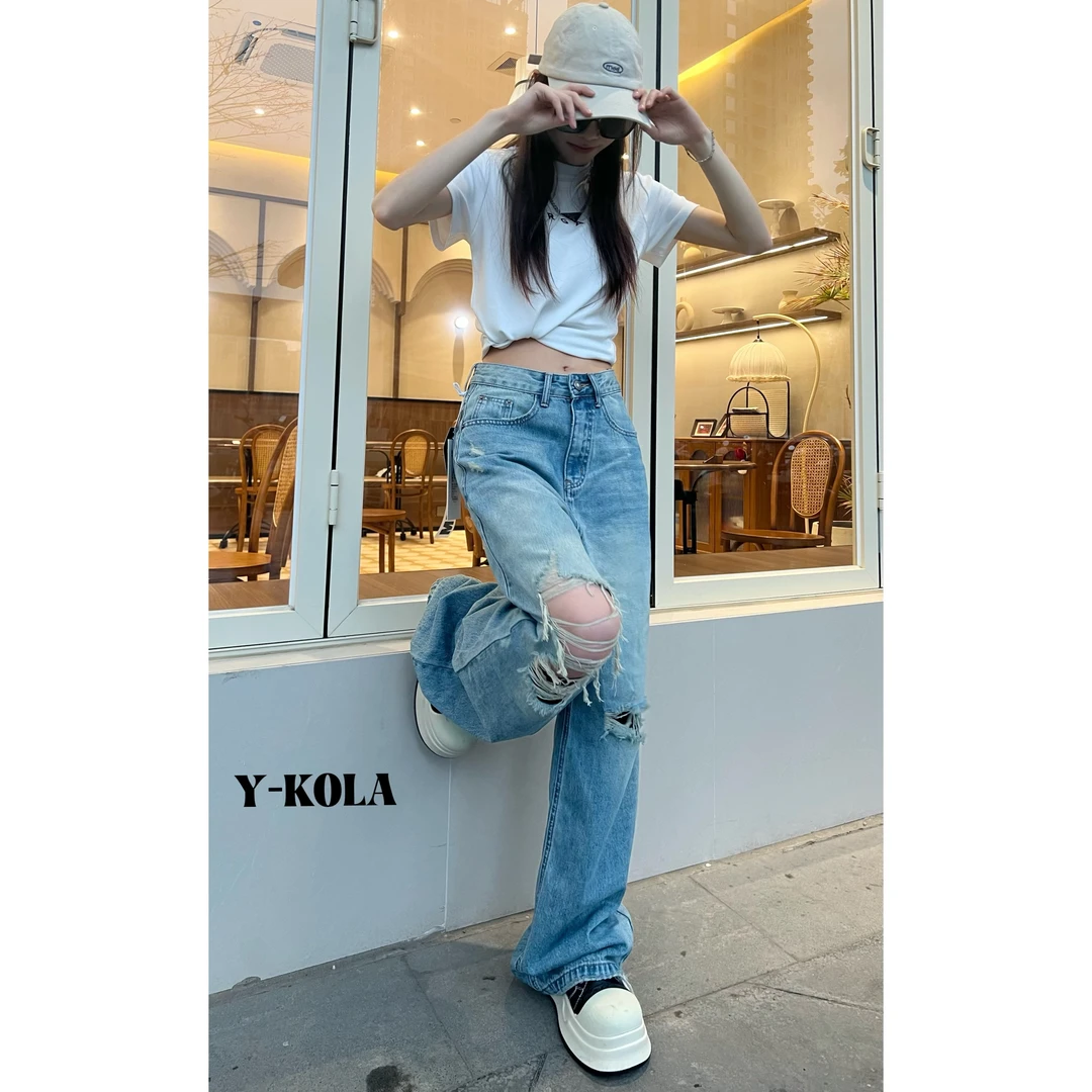 【破洞】春季新款破洞设计阔腿裤中高腰休闲百搭少女风牛仔裤