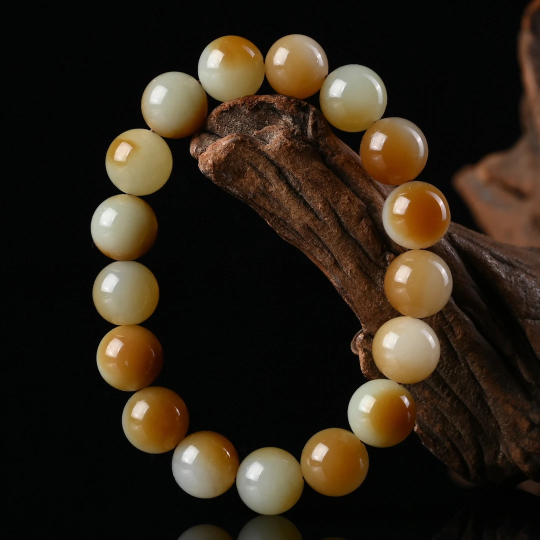 和田玉且末糖手链手串男女款玉石珠串单圈素圈玉珠链