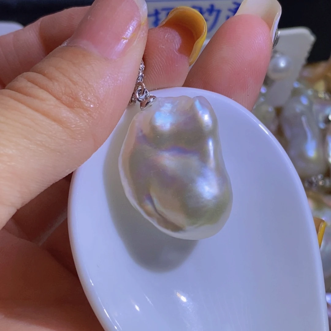 银S925镶嵌淡水珍珠天然珍珠无染色，无优化