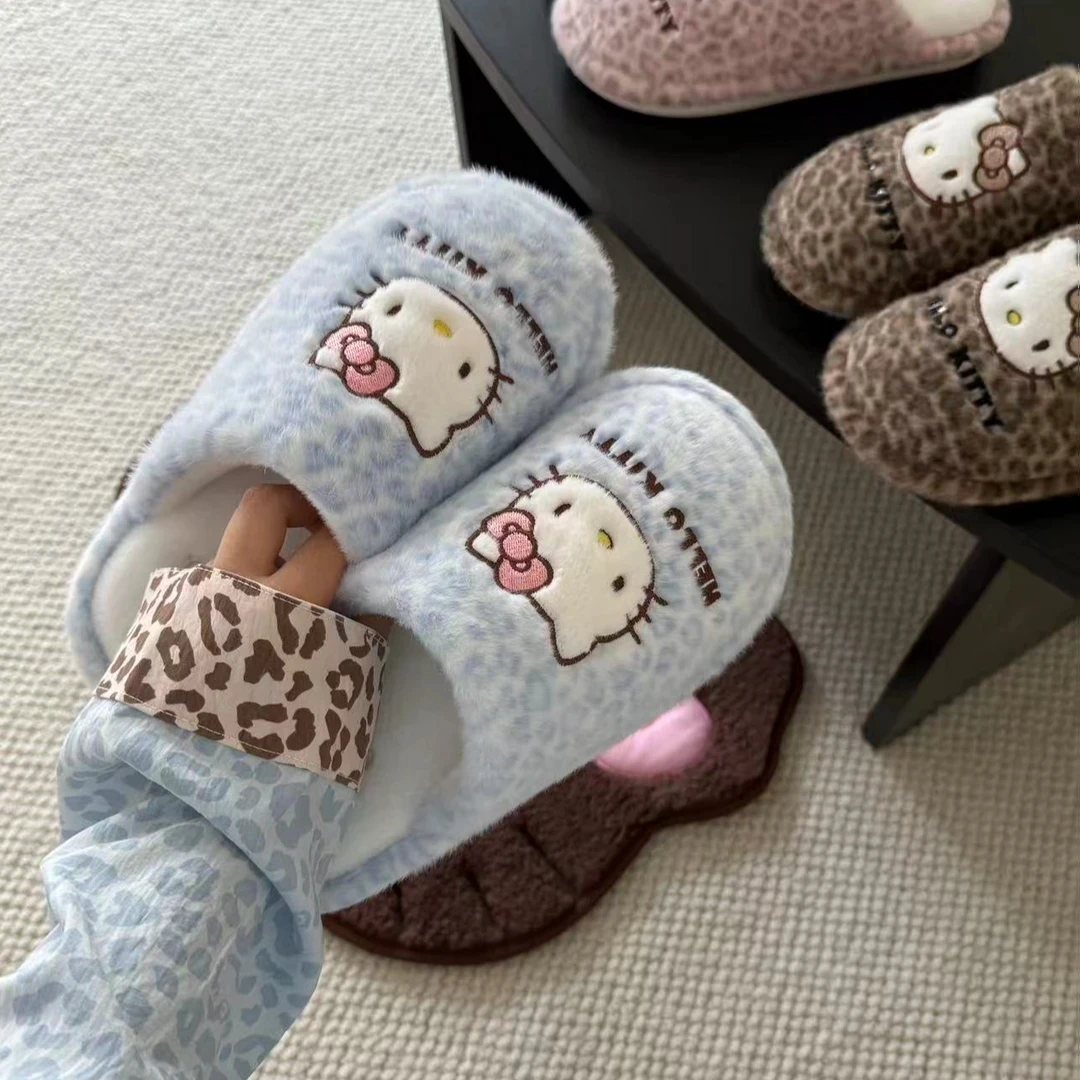 牛仔蓝豹纹~kt猫毛绒拖鞋新款小众ins韩版平底室内保暖毛毛拖G625