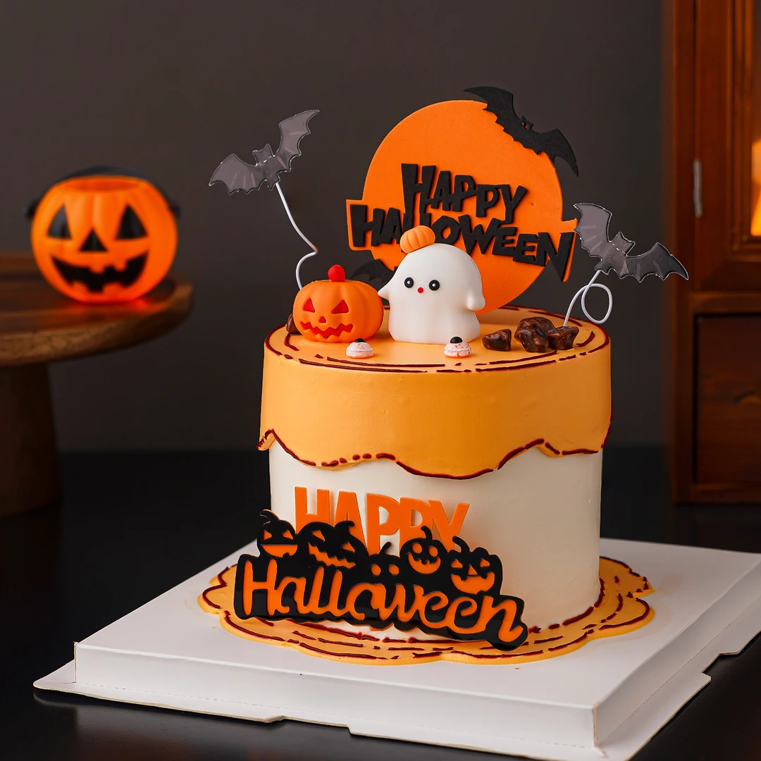 2025万圣节可爱南瓜幽灵蛋糕装饰万圣节快乐狂欢夜派对蝙蝠摆件