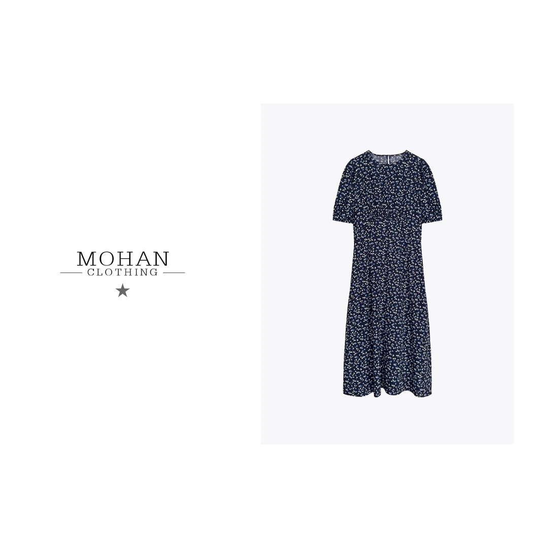 CLOTHING/墨含法式复古碎花藏蓝色显瘦显白百搭气质连衣裙AMF39