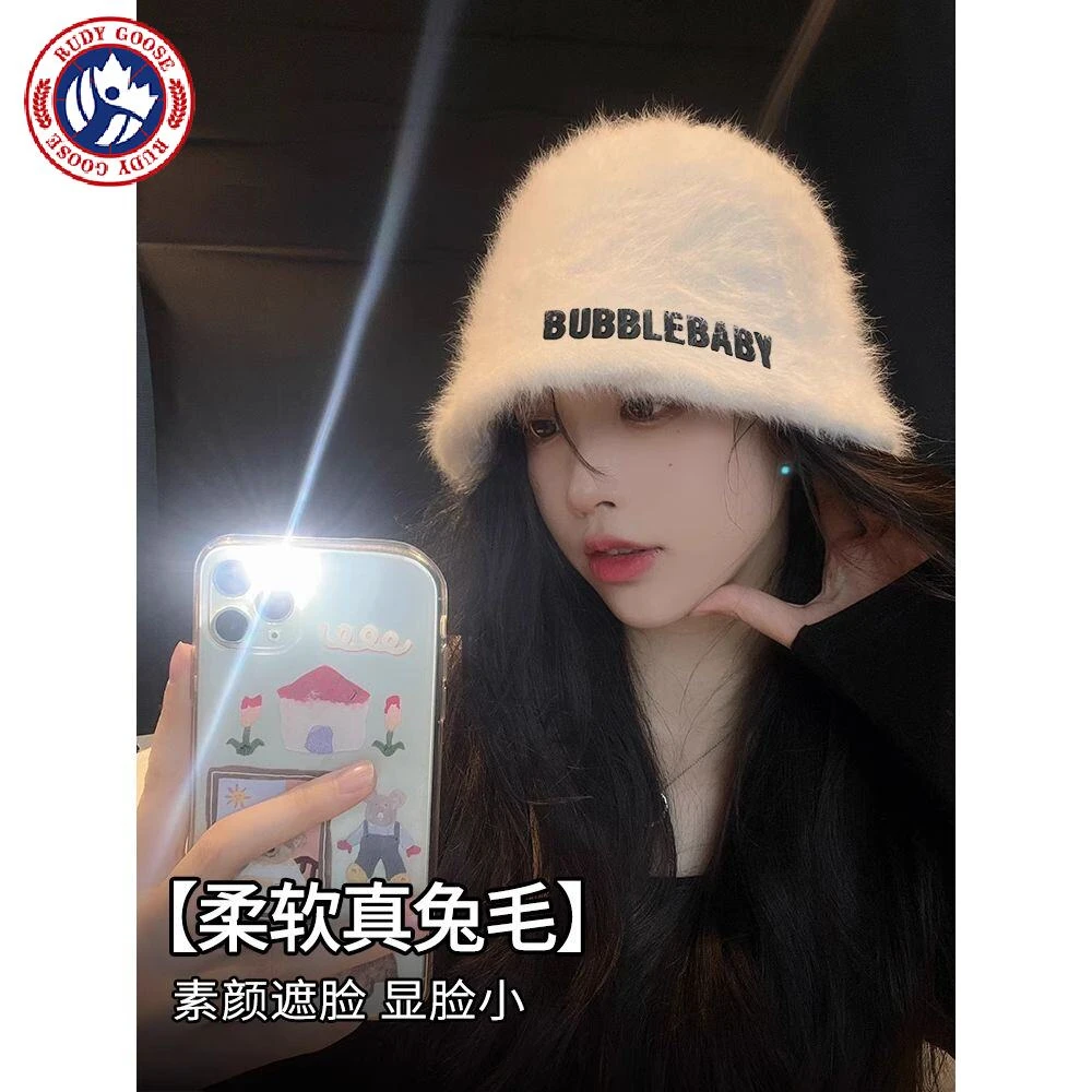 加拿大RUDY GOOSE鹅白色兔毛渔夫帽女秋冬显脸小保暖毛绒盆帽大头