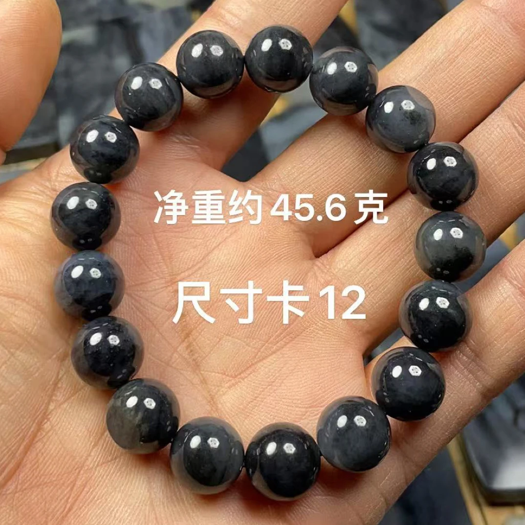处理！微瑕 天然和田玉籽 料青花卡12圆珠单圈留皮转动手串