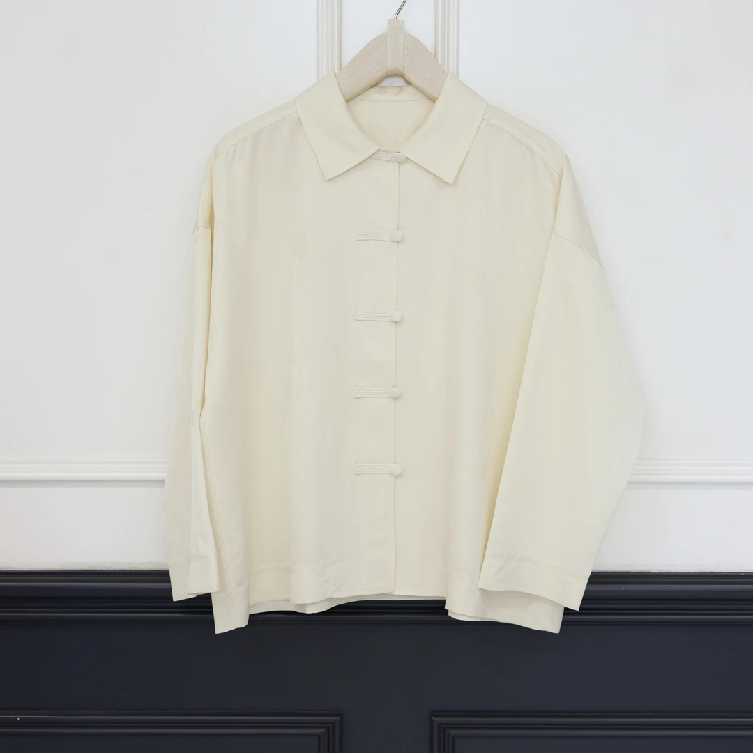 【壁虎姐】GECKO2025夏季新款 乳白色立领盘扣软糯宽松长袖衬衫