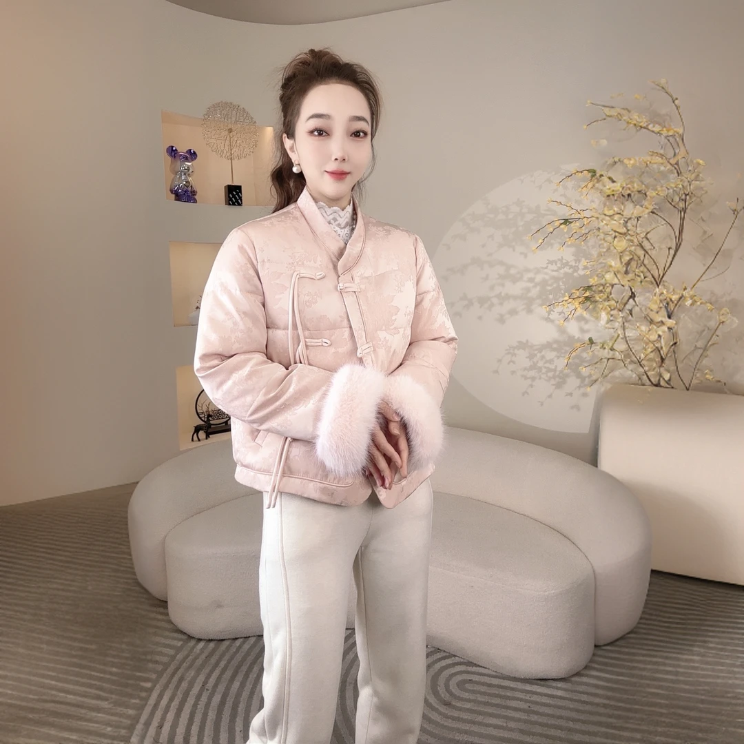 新中式冬季国风流苏盘扣毛毛袖拼接轻奢百搭洋气棉服外套JG2509