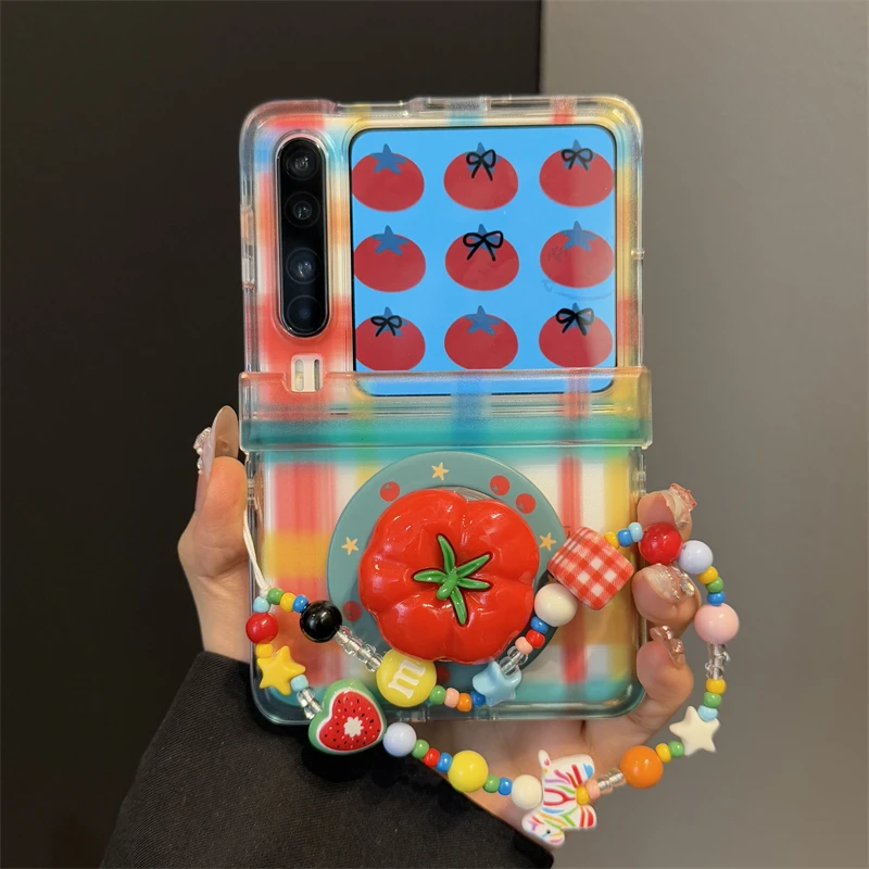 适用华为purax折叠屏手机壳透明彩色格纹pocket2立体番茄磁吸支架