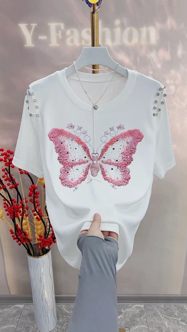 2025年.新款细螺纹烫钻大蝴蝶2365时尚百搭夏季宽松显瘦镶钻女士