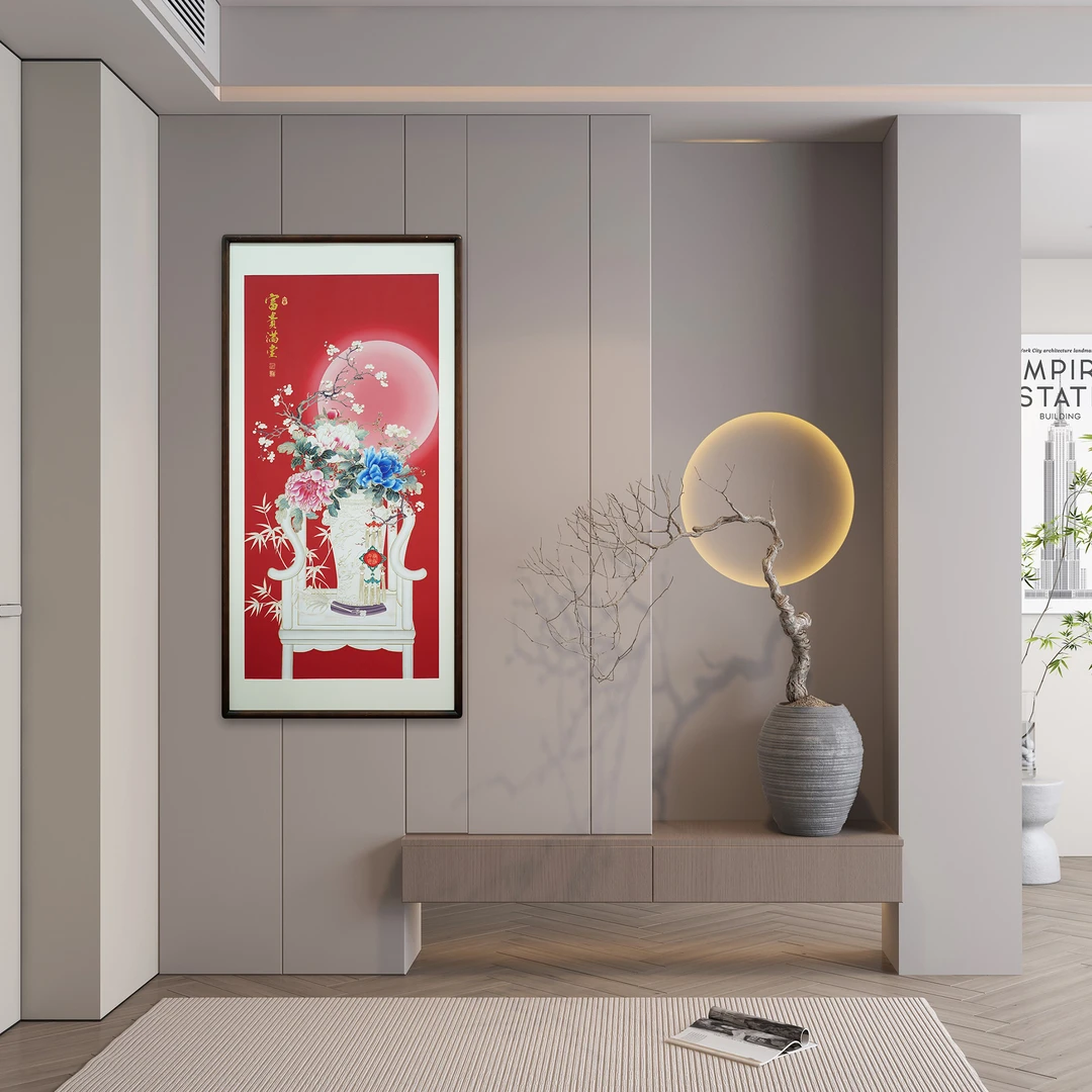 致绘描金《富贵满堂》中式轻奢风客厅走廊玄关挂画牡丹艺术装饰画
