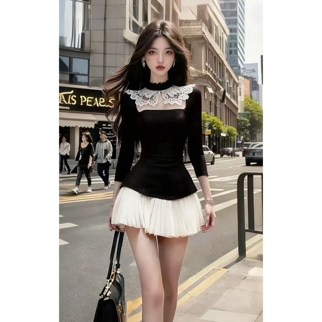 轻奢高级感黑色圆领长袖修身蕾丝拼接上衣+白色百褶半身裙套装