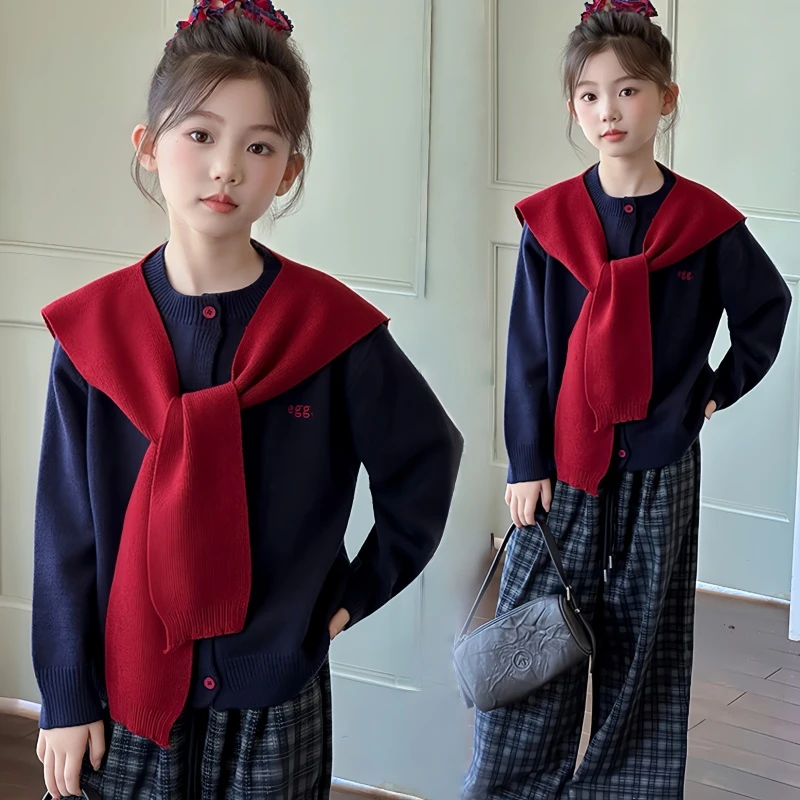 儿童衣服2025新款女孩针织开衫毛衣三件套大童春秋季女童秋装套装