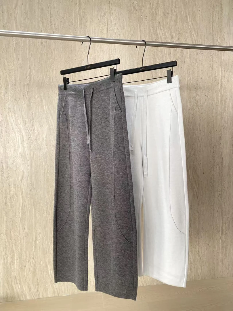 yuhee ”温度裤”慵懒百搭羊毛加绒拼接高腰绑带直筒裤0109