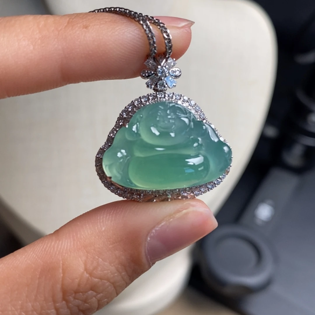 翡翠18K金镶嵌颈饰高冰甜绿甜美鲜亮冰透细腻水润佛公