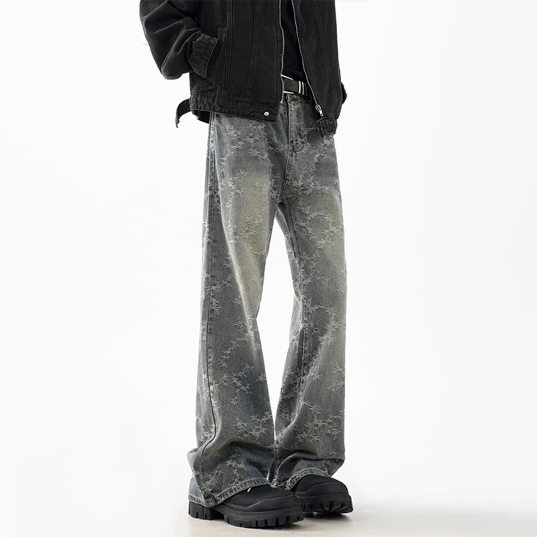 GSCebrodz美式高街提花牛仔裤男冬季潮牌水洗直筒休闲裤宽松微喇