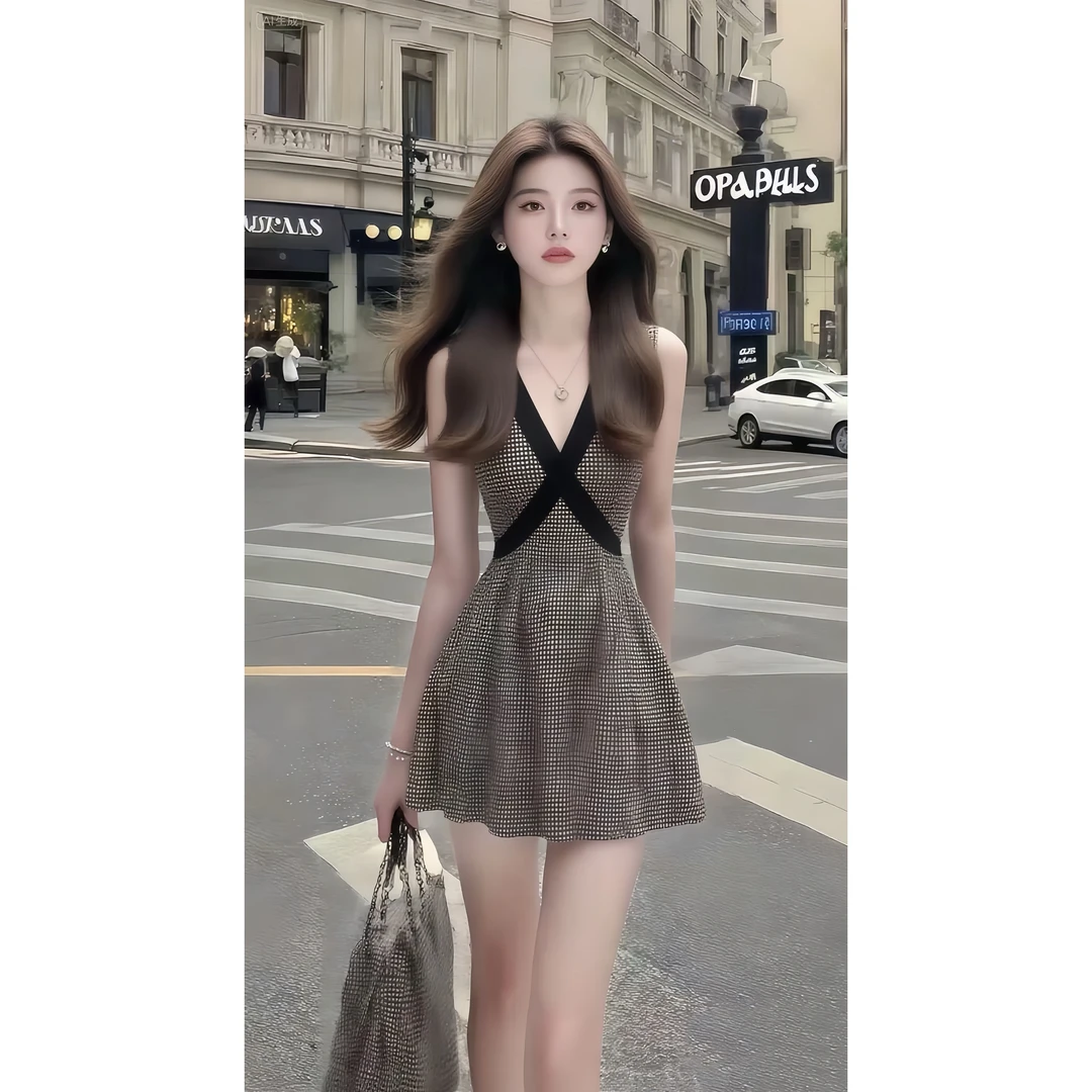 秋冬新款时尚温柔风优雅贵气V领修身收腰无袖设计感格子连衣裙女