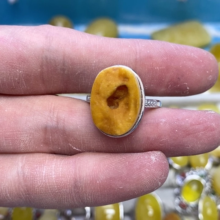 蜜蜡裸石银S925镶嵌戒指