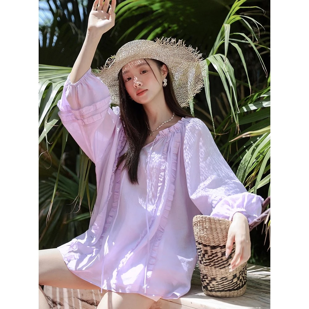 梅子熟了莱赛尔苎麻法式度假风木耳边灯笼袖小衫女夏七分袖衬衫