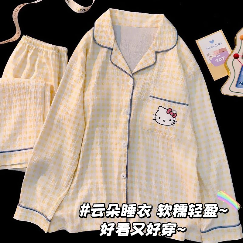 helloKitty儿童睡衣春秋季长袖长裤格子卡通可爱小女孩家居服套装