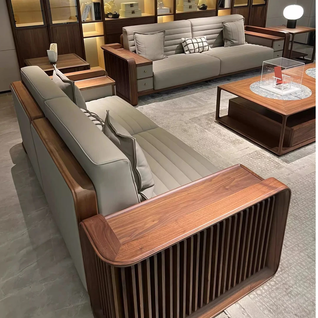 新中式实木沙发2025新款大户型北美黑胡桃木客厅极简真皮家具定制