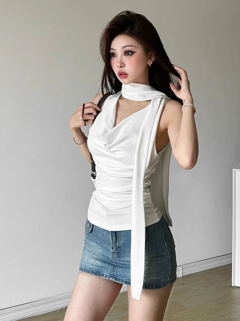 通勤修身型度假风辣妹风针织背心吊带宽松百搭夏季气质上衣挂脖