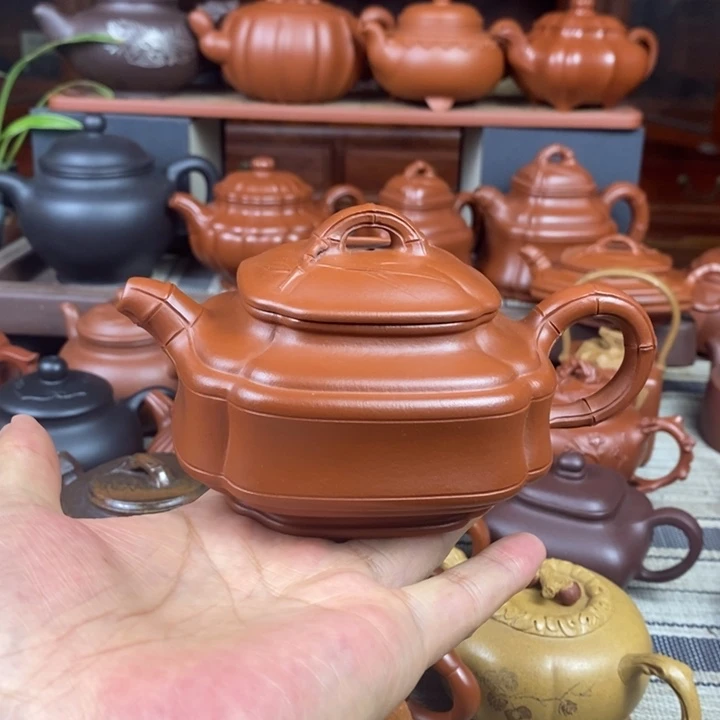 紫砂茶壶四方竹鼓330cc原矿赵庄朱泥特价