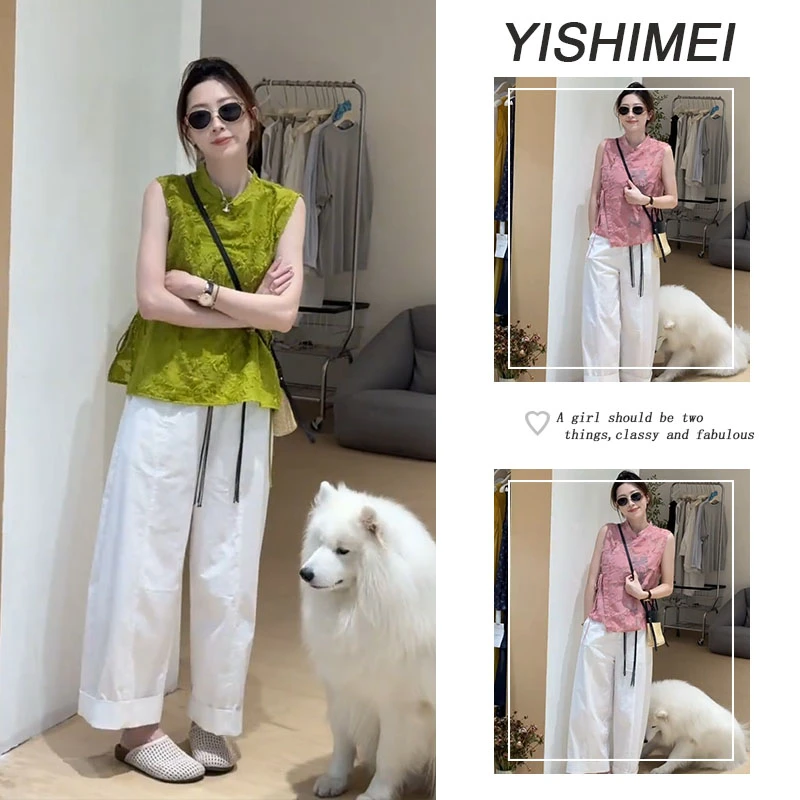 2025新款新中式国风斜襟系带薄款无袖上衣宽松直筒休闲裤裤两件套