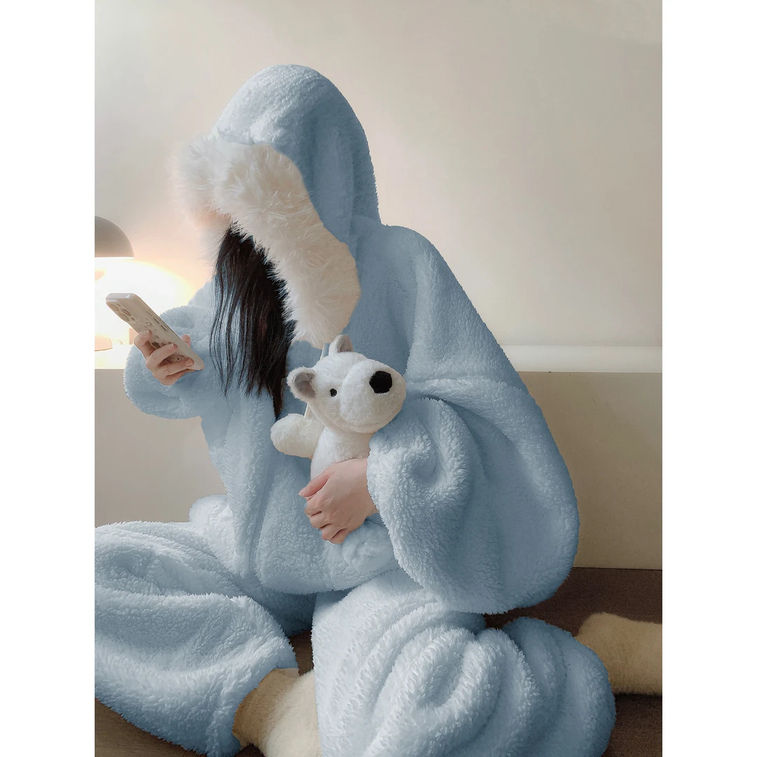 【保暖毛茸茸】纯色珊瑚绒睡衣女加绒加厚冬季韩版连帽家居服套装