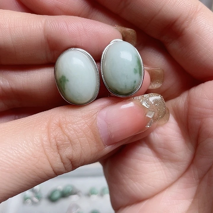 透闪石-蛇纹石玉耳环银S925镶嵌