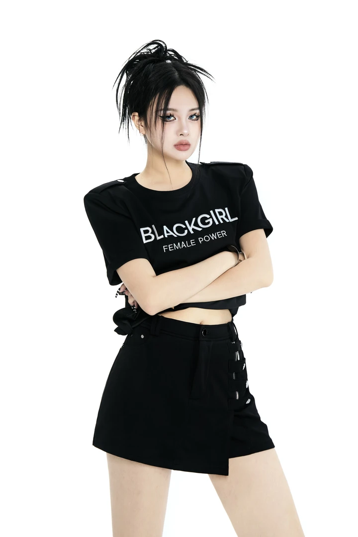 Blackgirl新款【代号07】小众黑色街头风酷女孩短袖T恤时尚百搭套装