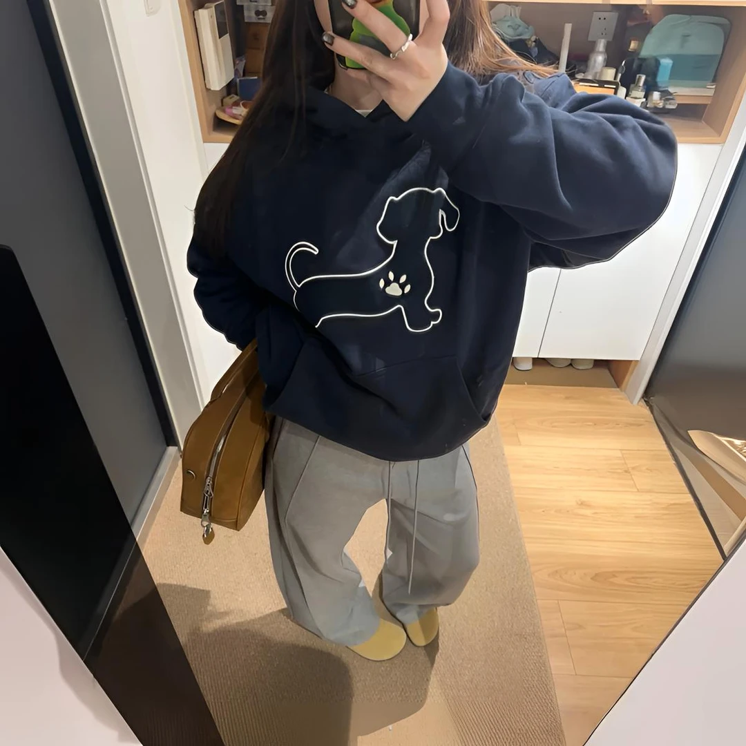 美式复古剪影狗狗印花加绒连帽卫衣外套女秋冬季宽松保暖情侣帽衫