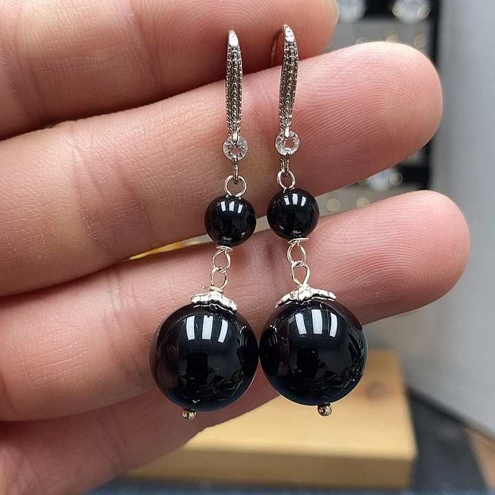 黑曜岩银S925镶嵌耳饰尺寸14mm