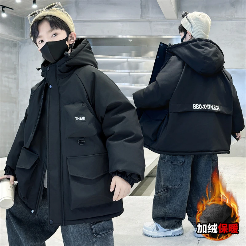 男童加绒加厚派克服外套冬装6-12岁潮儿童冬季棉服中大童保暖帅气