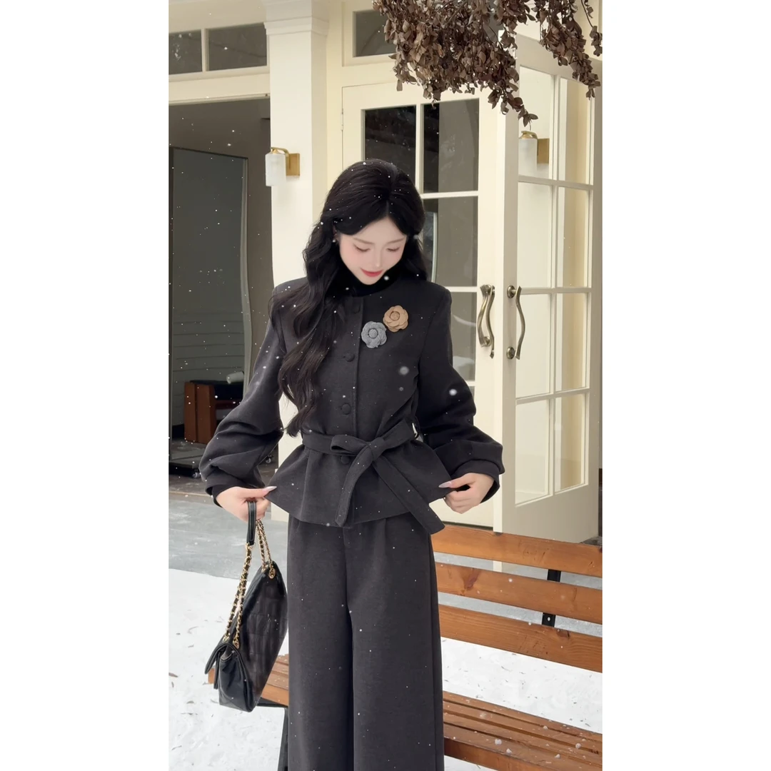 《加棉加厚》绵羊毛醋酸混纺显瘦毛呢外套+窄版裤子套装2025年冬