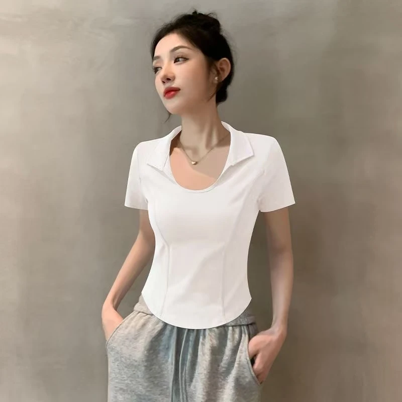 8005#美式复古春夏新款Polo领弧形下摆美拉德色些打底衫女