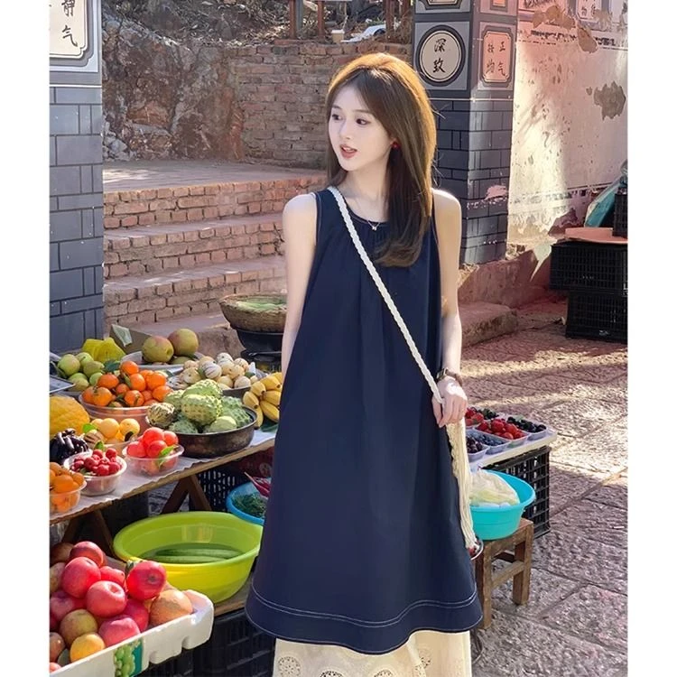 老钱风松弛感女装贵气K韩系复古假两件拼接背心连衣裙女夏季设计