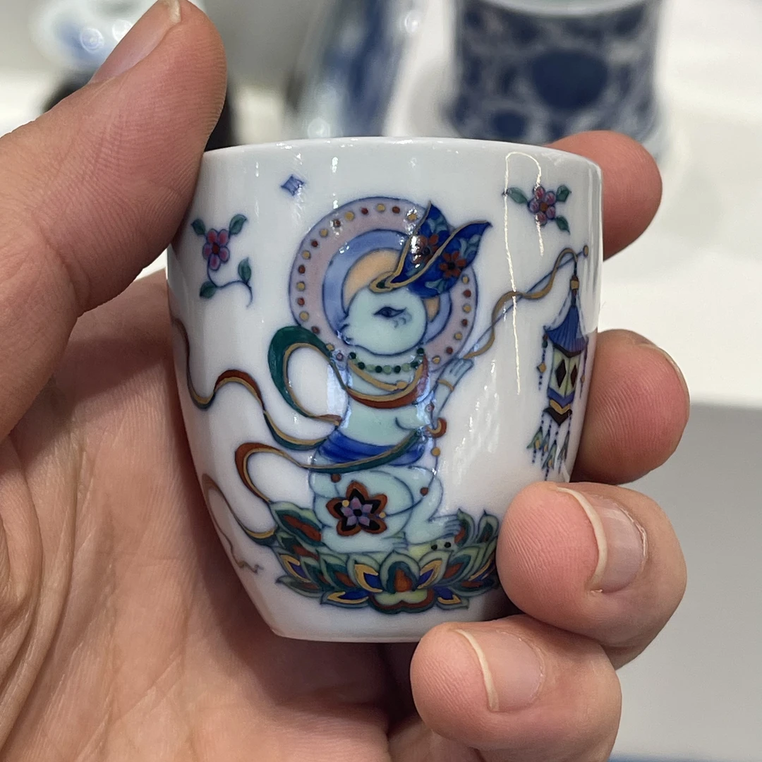 钟家窑 柴窑 纯手绘 斗彩敦煌玉兔杯