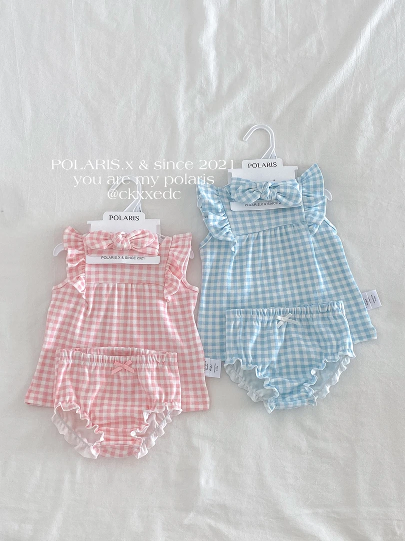 蓝粉格子 | 女宝大月龄A类纯棉甜美飞袖背心哈衣哈裙分体套装