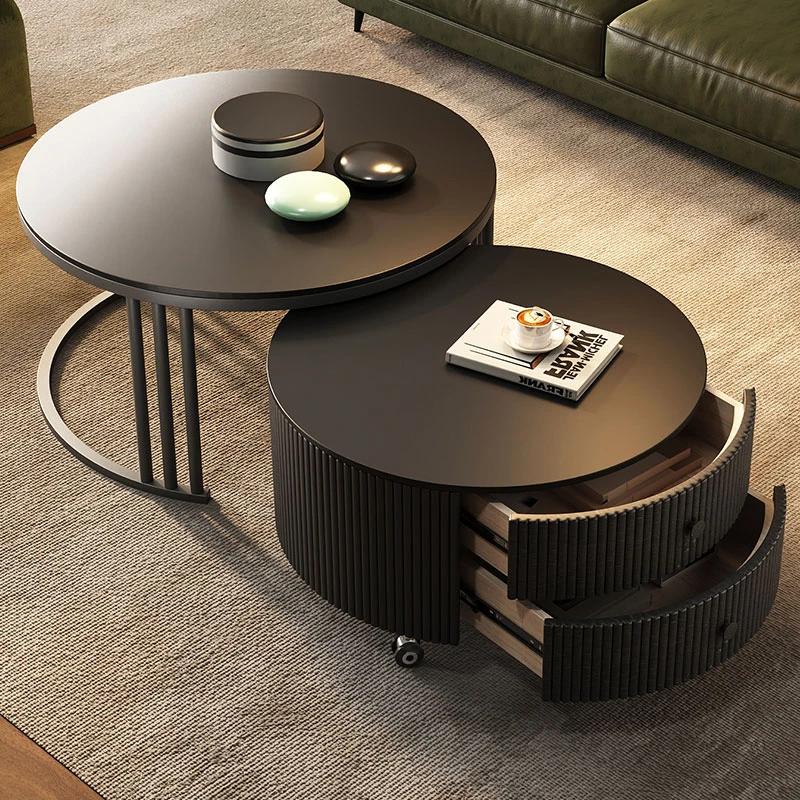 家用极简轻奢新款岩板圆形茶几现代简约小户型黑色意式喷漆工艺