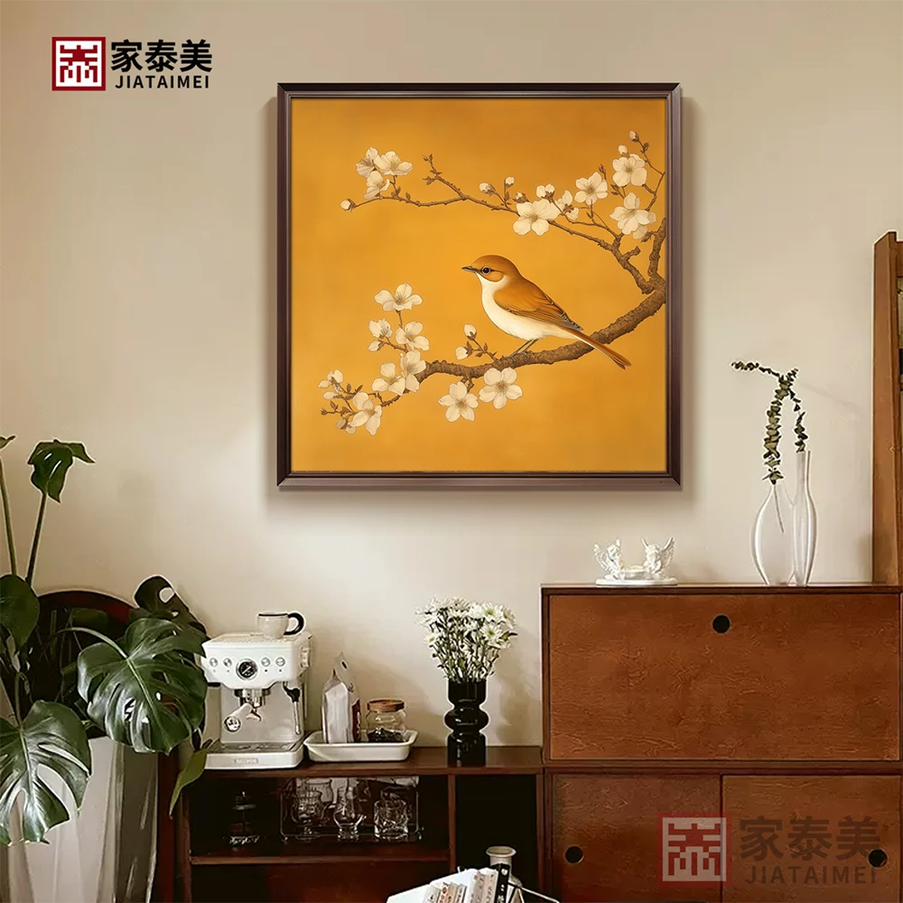 喜上眉梢中古风手绘肌理油画新中式客厅沙发背景装饰画玄关挂画
