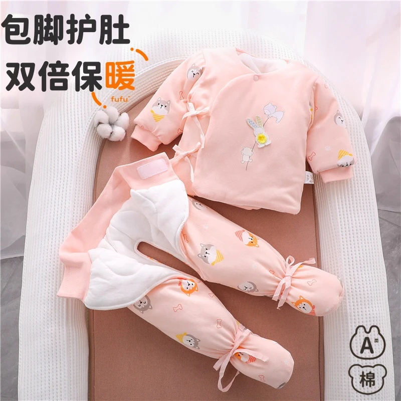 新生婴加厚棉衣套装女宝保暖护肚斜襟系带冬季宝宝和尚服秋冬季