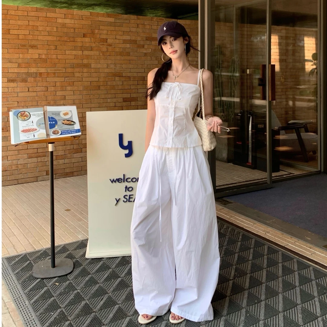 法式工装慵懒风时尚吊带套装高腰阔腿裤外穿显瘦极简风 1028#